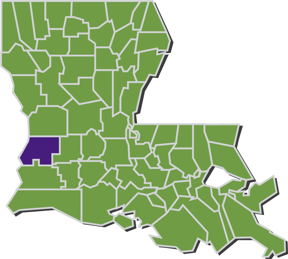 Map of Louisiana parishes with Beauregard parish highlighted in purple.